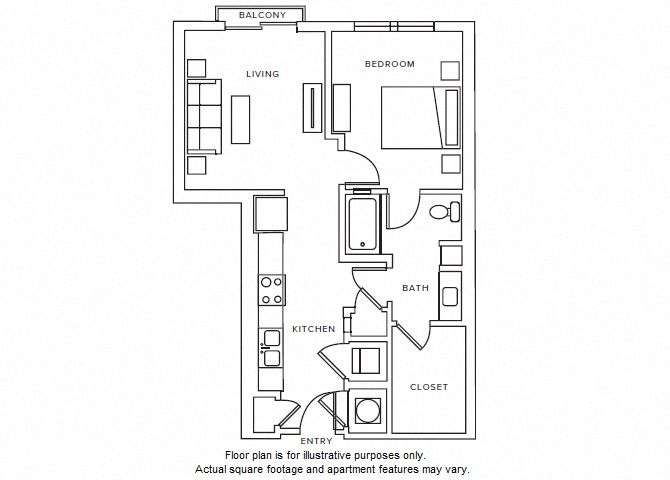 Floor plan for 1 bed, 1 bath, 700 sqft